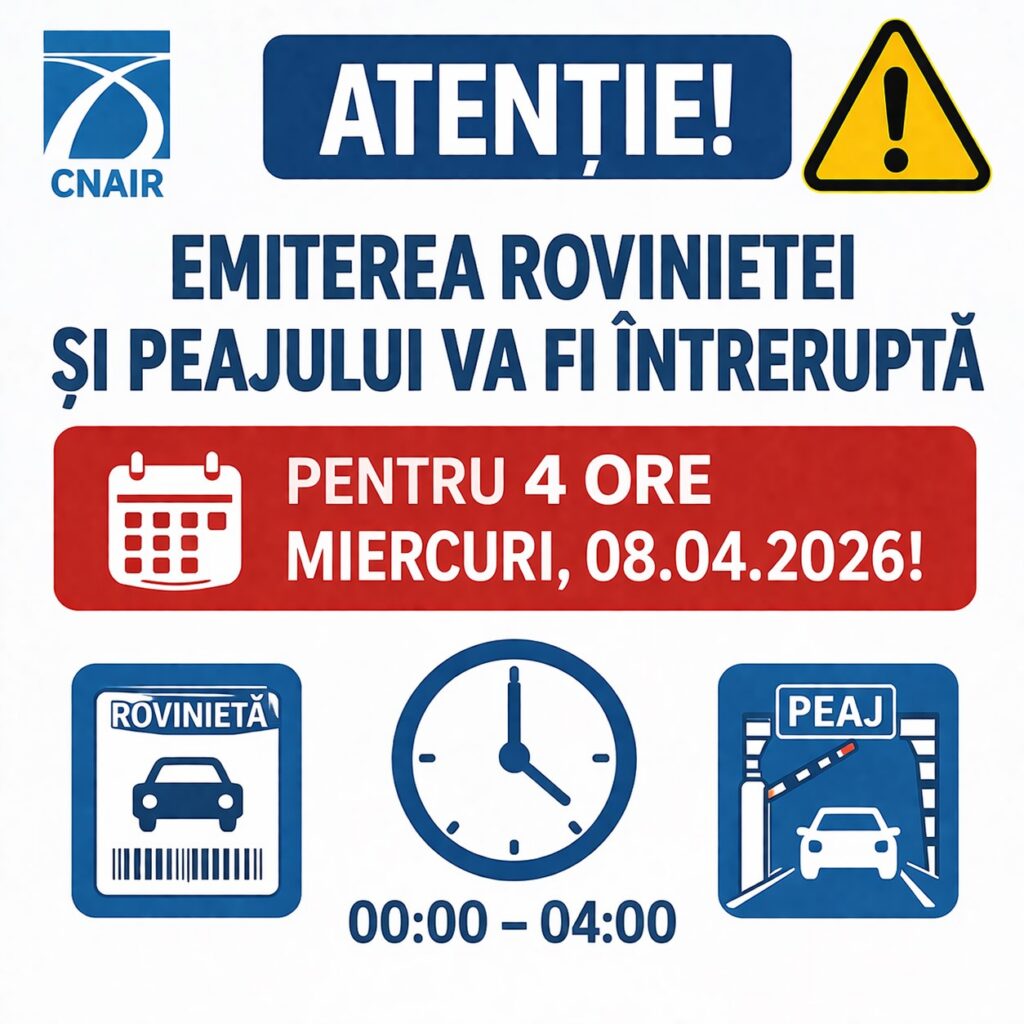 Rovinieta și peajul nu vor putea fi emise timp de patru ore pe 8 aprilie. CNAIR oprește temporar sistemul pentru lucrări de mentenanță